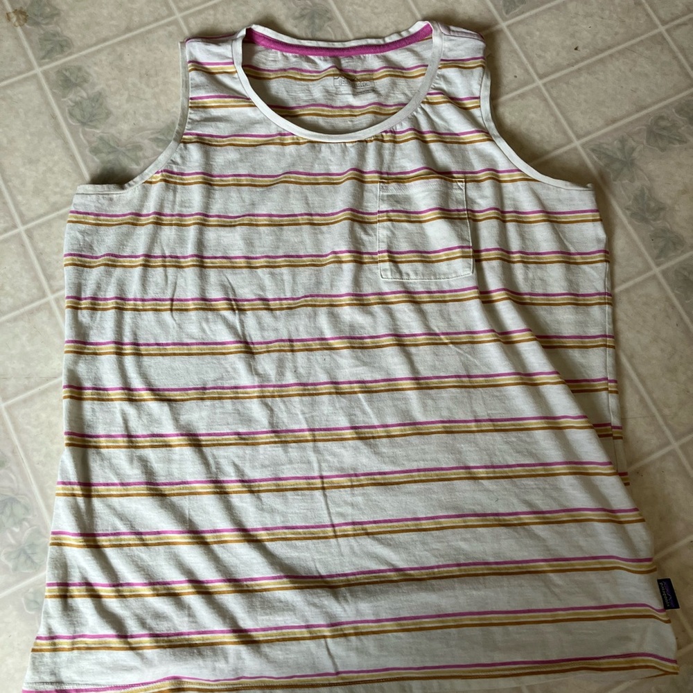 Patagonia pocket pink and gold stripe organic cotton tank